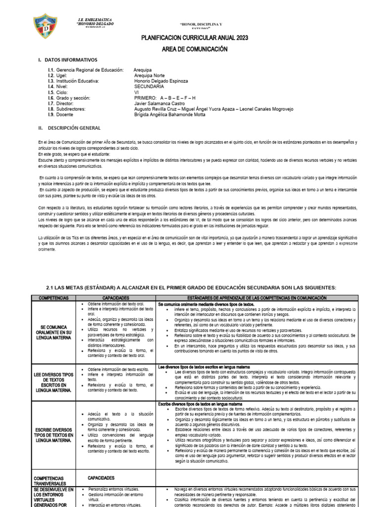 Plan Anual 2023 - Comunicaciòn - Primer Año | PDF | Aprendizaje ...