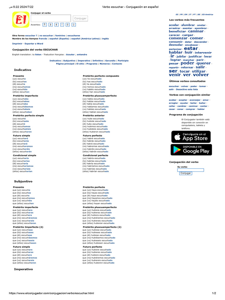 Image Result For Conjugacin De Escuchar Wordreference