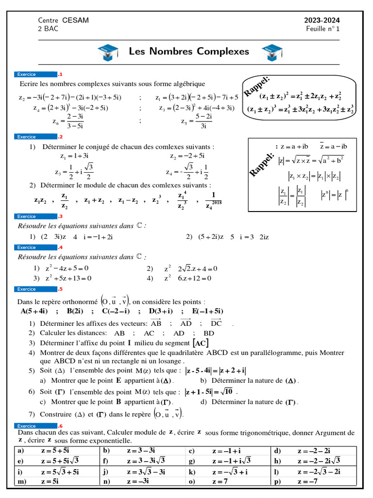 Nombres complexes : exercices et solutions | PDF | Analyse mathématique ...