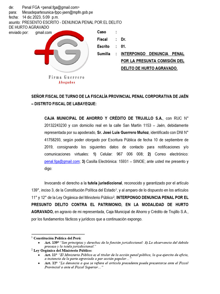 01 Denuncia Penal Por Hurto | PDF | Robo | Dinero