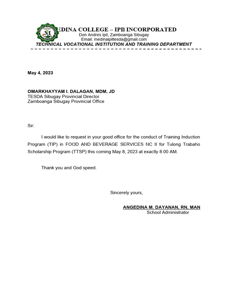 TIP Request Letter FBS NC II (TTSP) | PDF