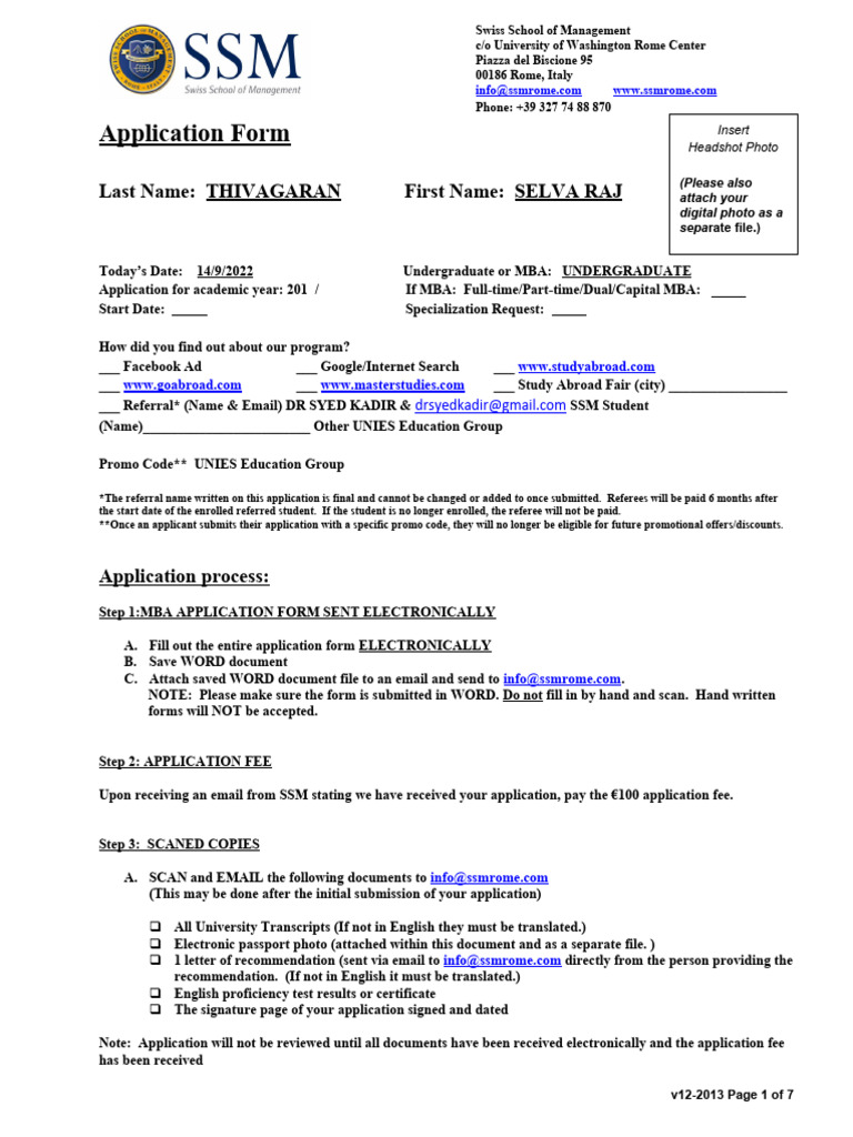 Swiss School of Management Application Form | PDF | Knowledge