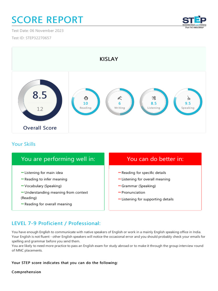 STEP English Proficiency Score Report | PDF | English Language ...