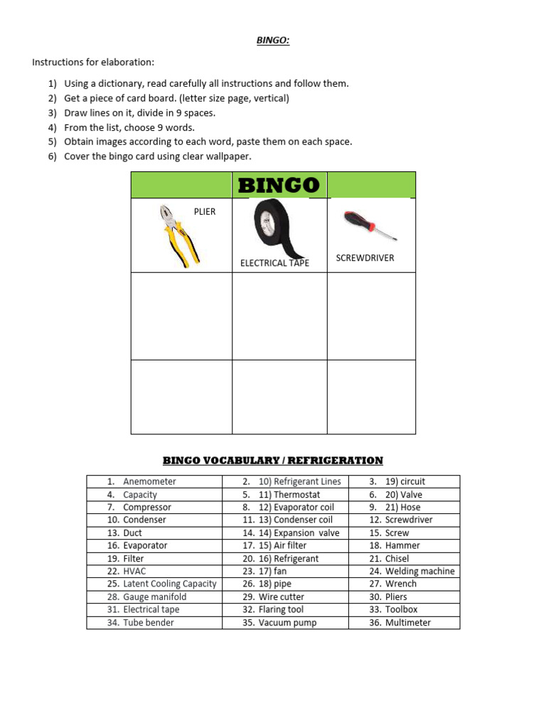 Bingo Instructions and Vocabulary - Refrigeration | PDF