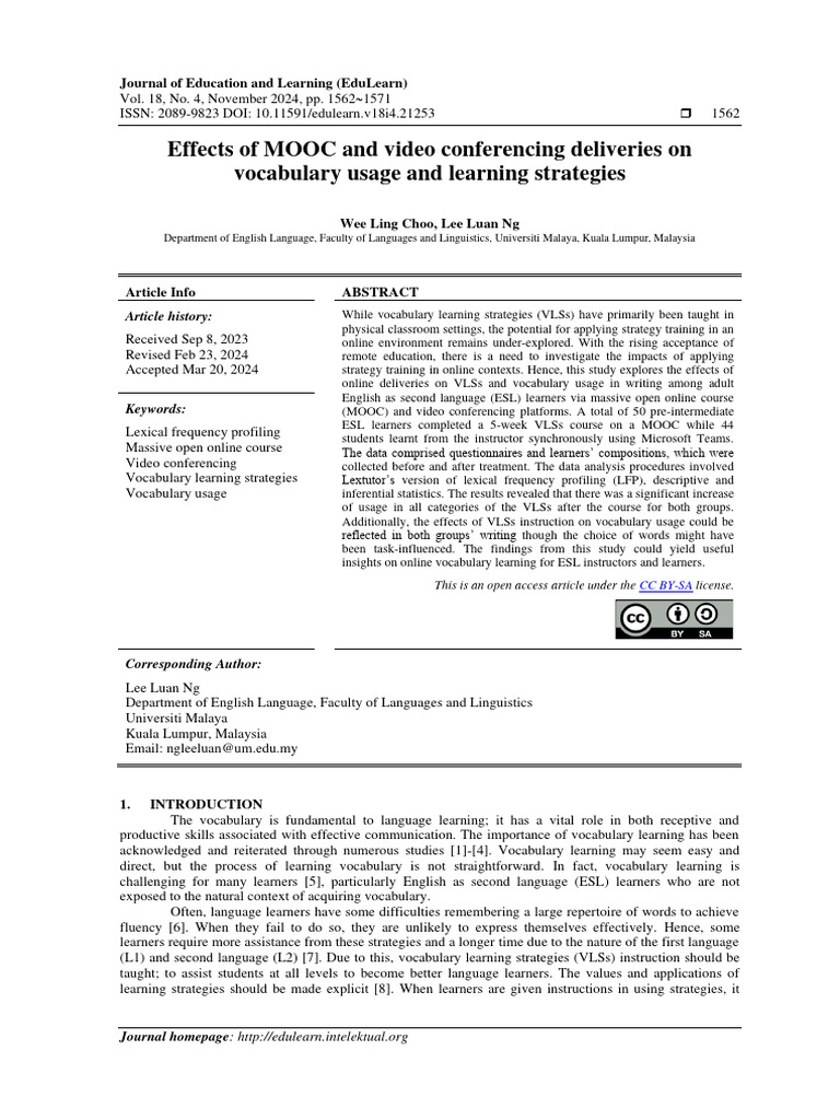 Effects of MOOC and Video Conferencing Deliveries On Vocabulary Usage ...