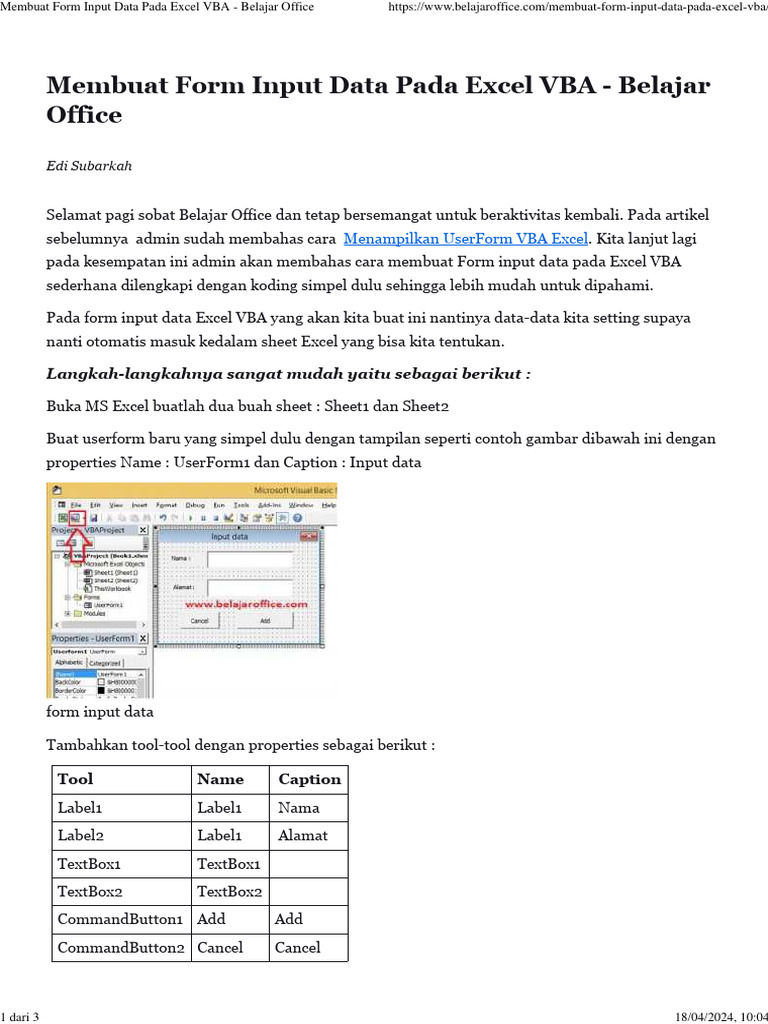 Membuat Form Input Data Pada Excel VBA - Belajar Office | PDF