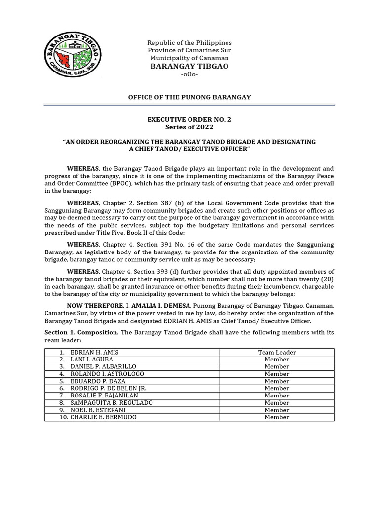 Eo. 2 Barangay Tanod Brigade | PDF | Fire Safety | Crime & Violence