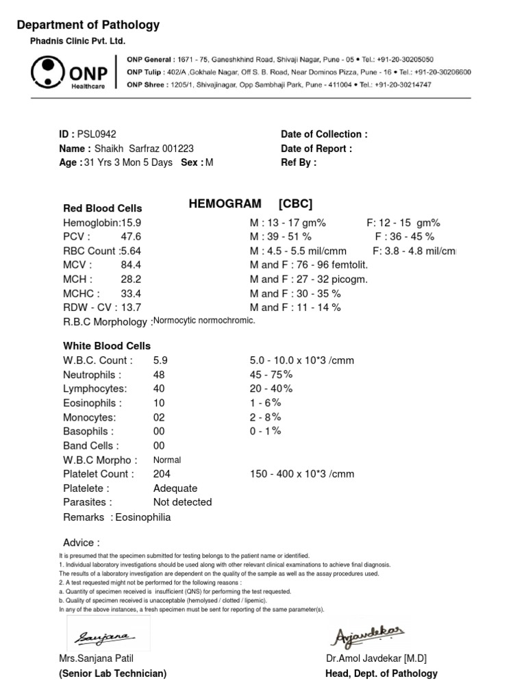Hemogram Report for Patient Shaikh Sarfraz | PDF