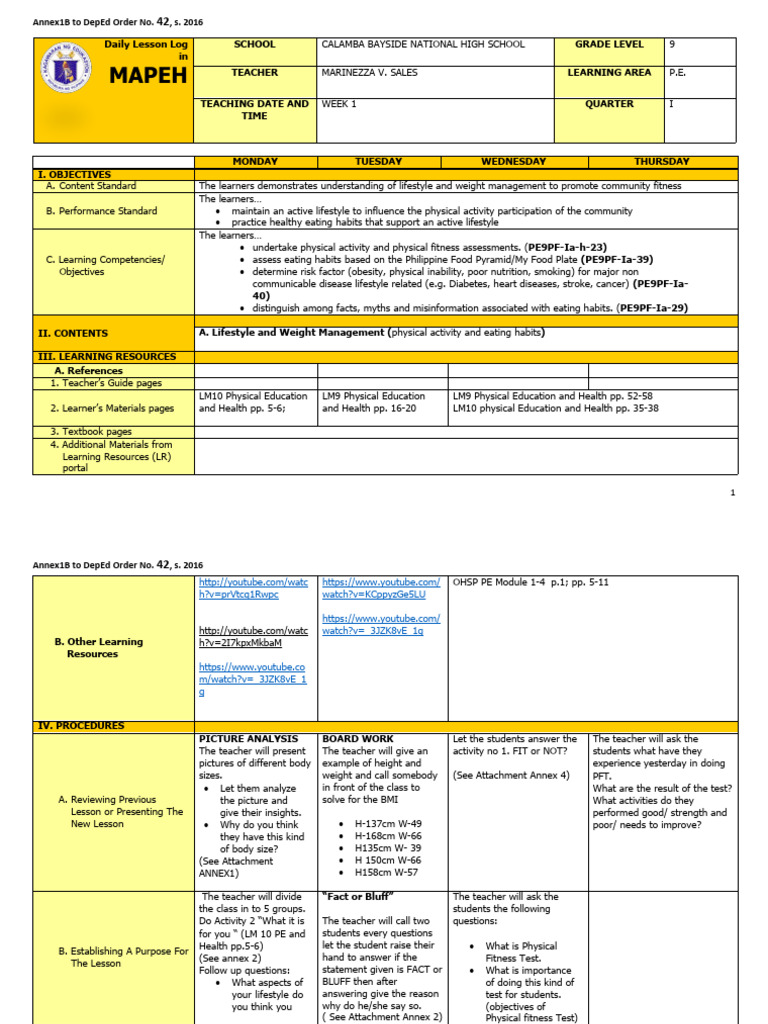 MAPEH Daily Lesson Log for Grade 9 | PDF | Physical Education ...