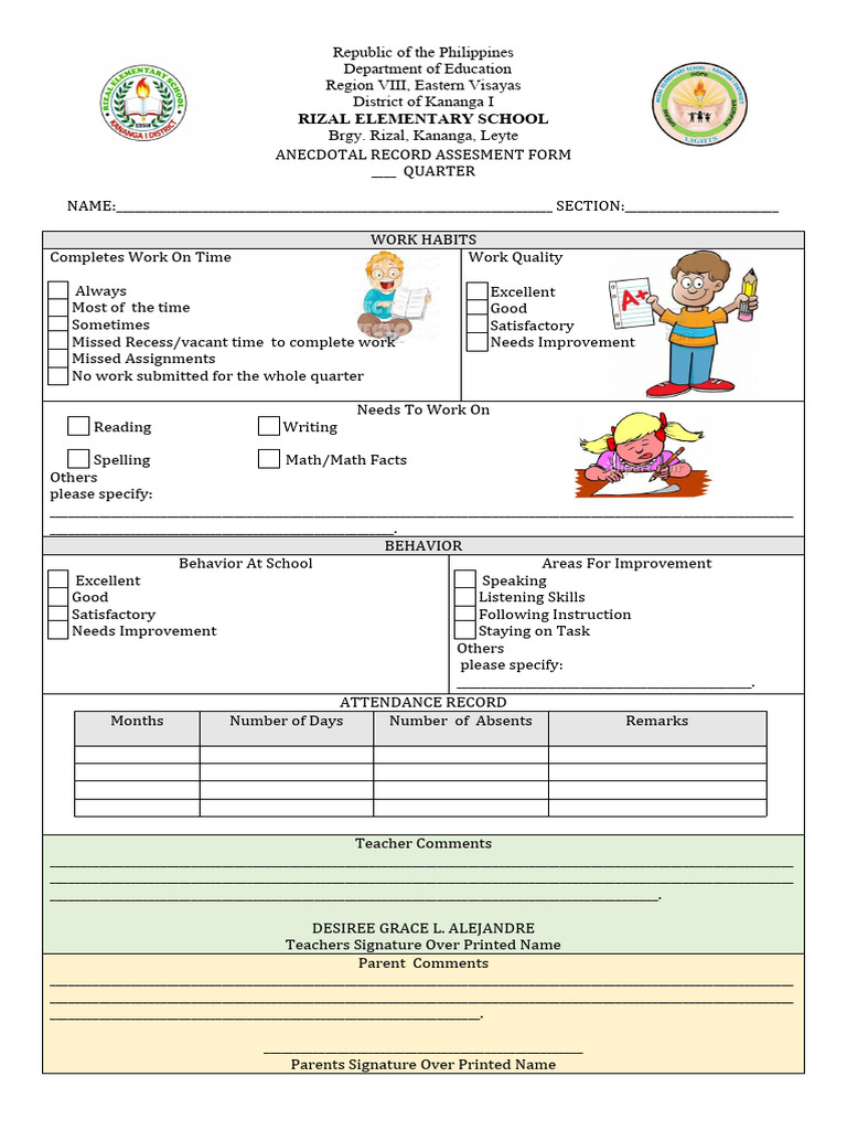 DepEd Anecdotal Record Assessment Form | PDF | Learning | Behavior ...