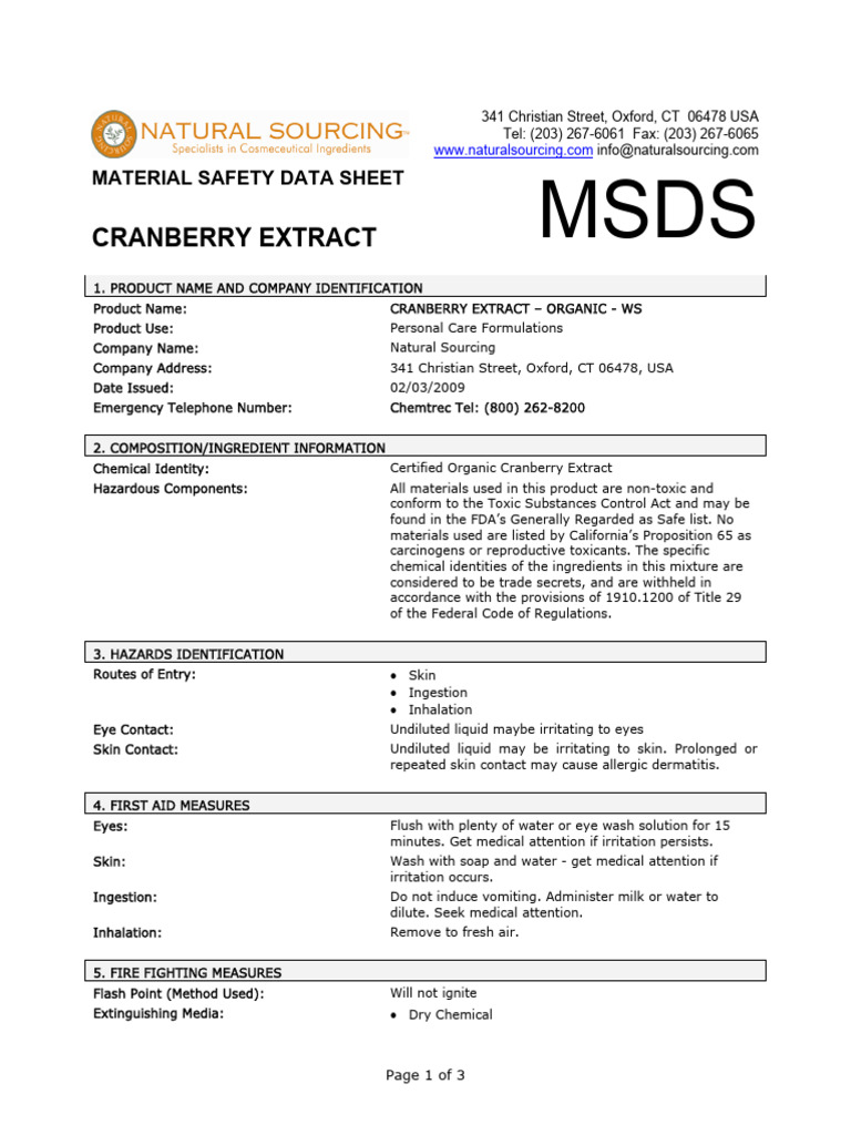 Organic Cranberry Extract MSDS Guide | PDF | Toxicity | Water
