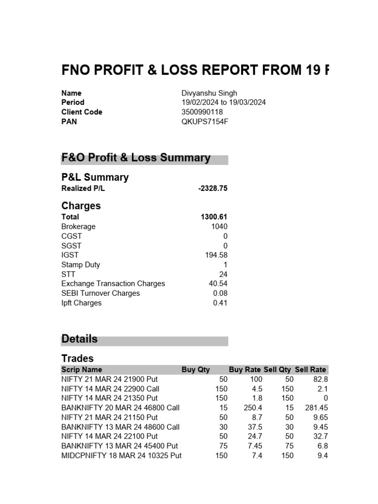 F&O P&L Report. | PDF | Financial Markets | Investing