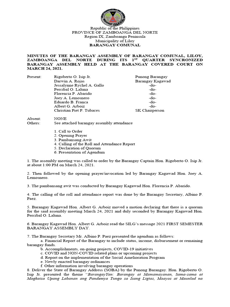 Barangay Comunal Assembly Minutes 2021 | PDF | Government
