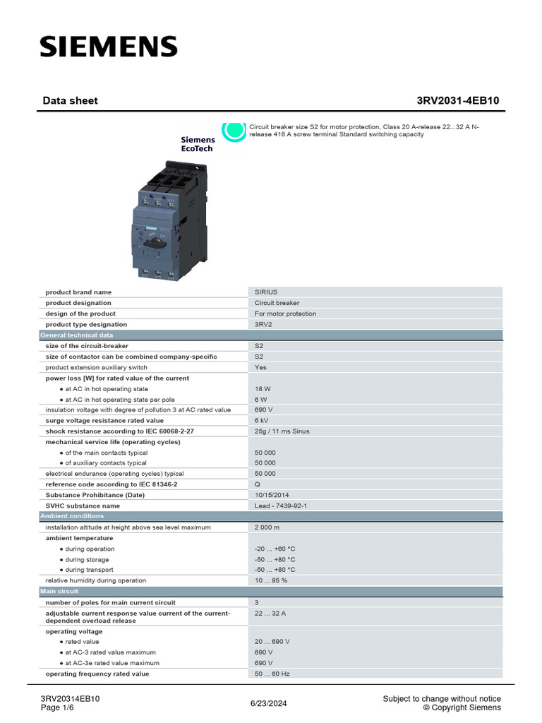 3RV20314EB10 Datasheet en | PDF | Electronics | Electrical Engineering