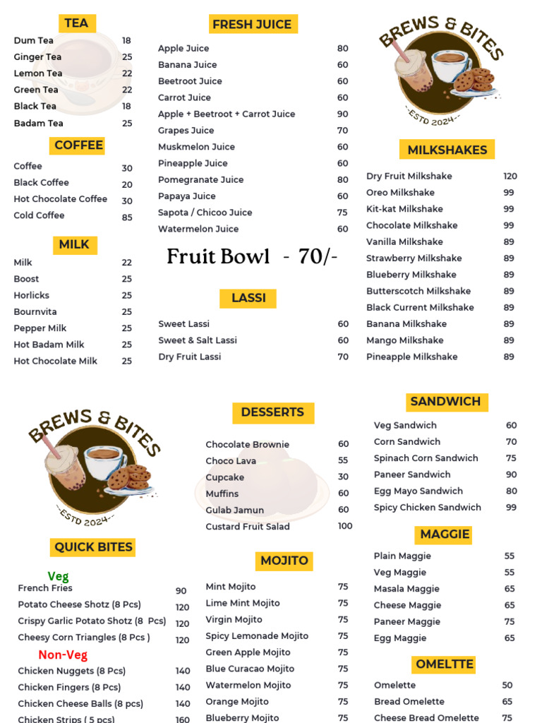 Brews & Bites Menu Overview | PDF | Fruit | Milkshake