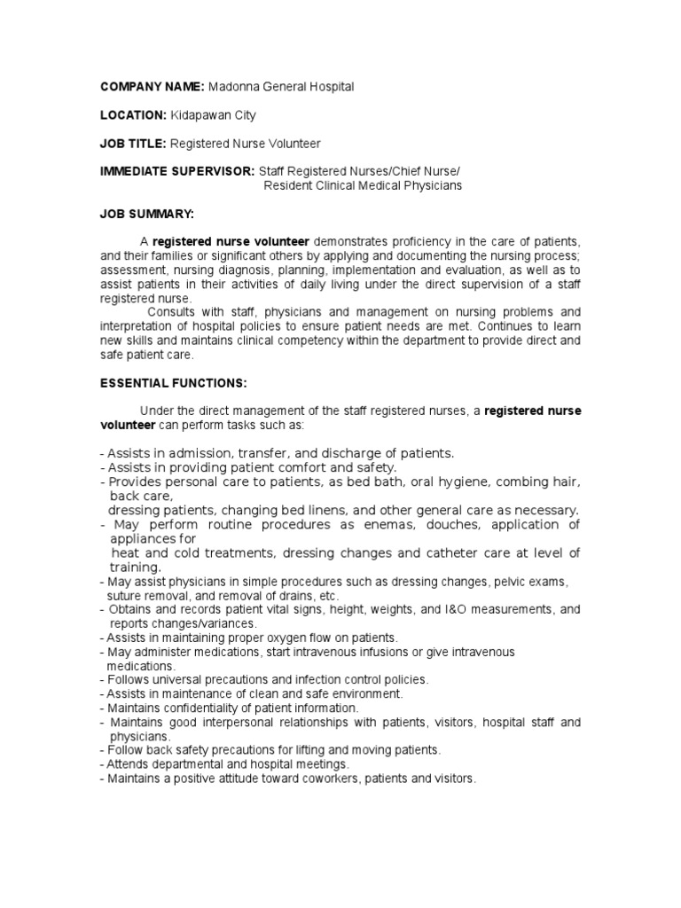 Job Description Nursing Patient