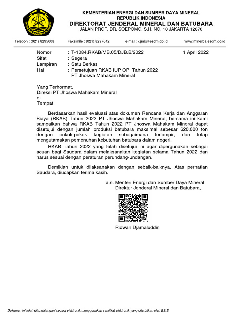 Persetujuan RKAB 2022 PT Jhoswa Mahakam | PDF