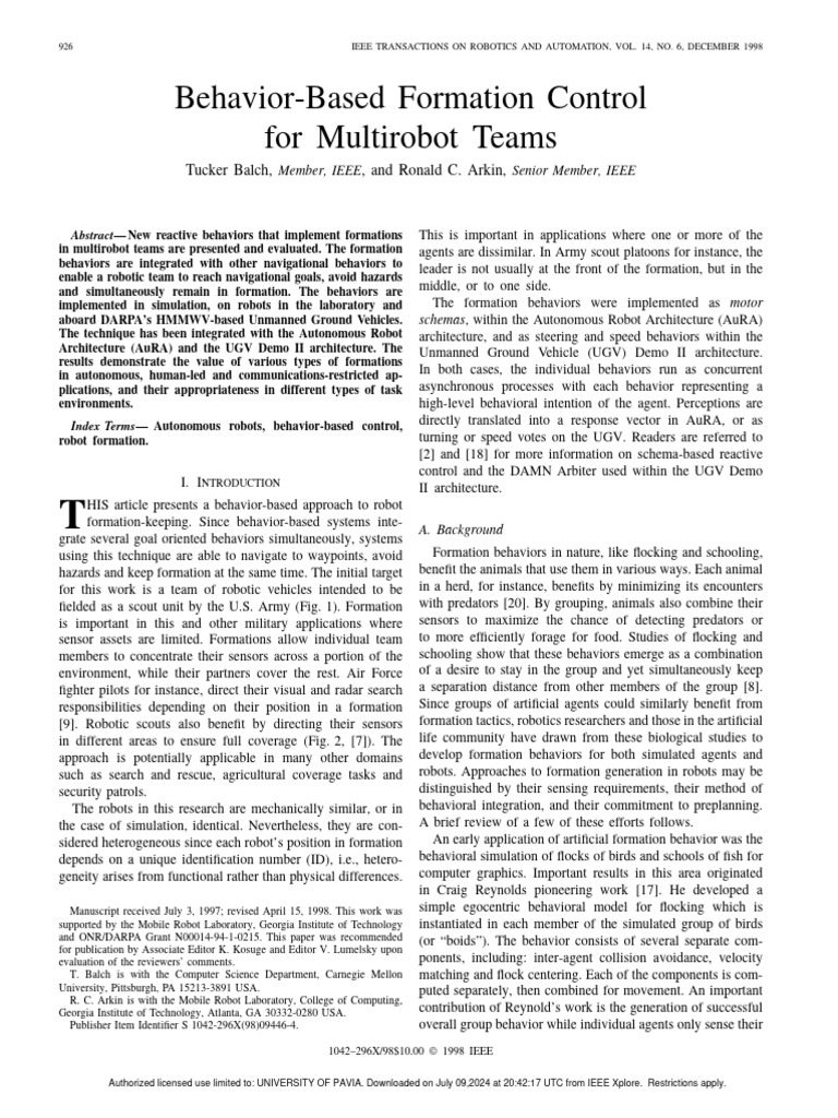 Behavior-Based Formation Control For Multirobot Teams | PDF ...