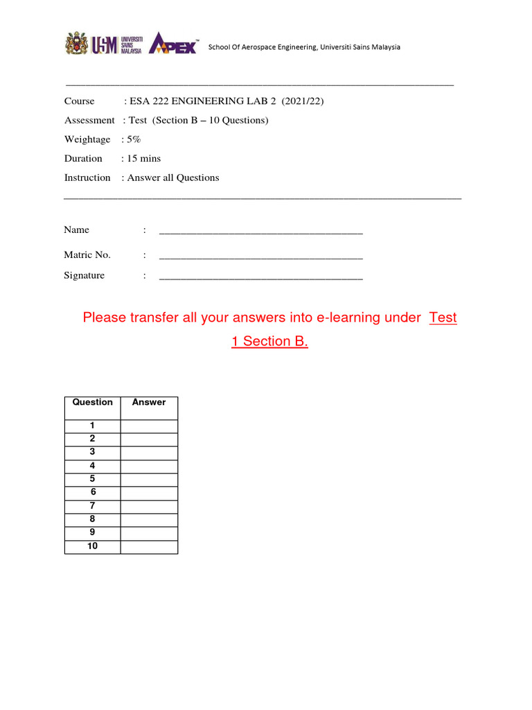 Test EML222 - Sem 1 2021 Sect B StudentCopy - PDF | PDF | Engineer ...
