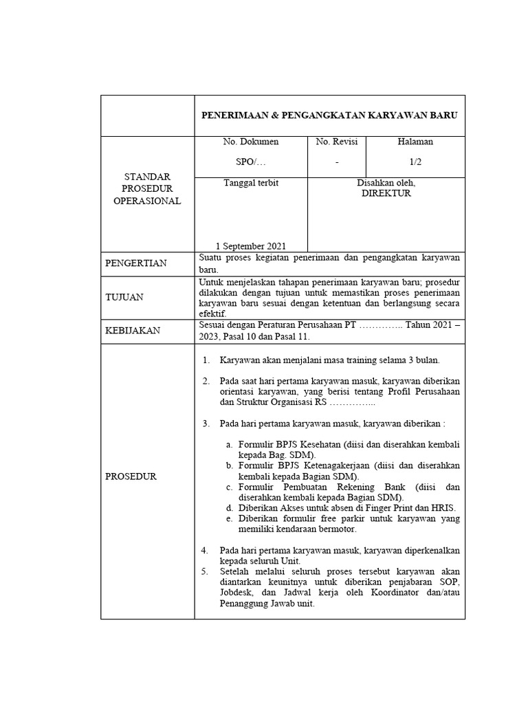 Sop Pengangkatan Karyawan Baru Pdf
