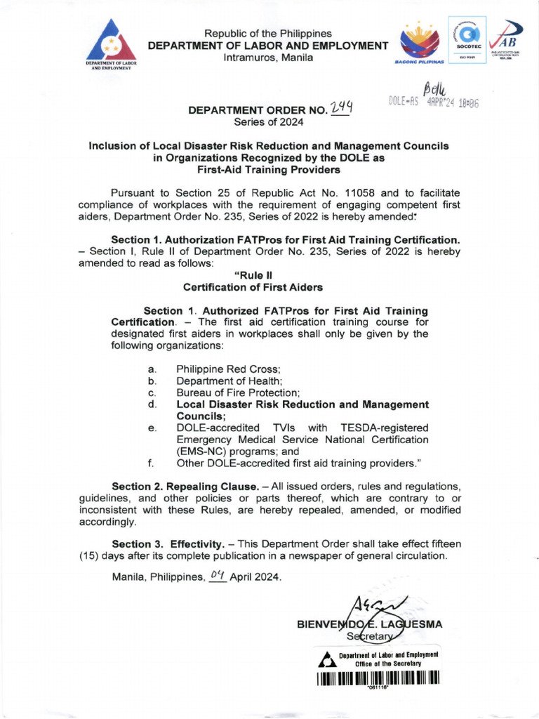 DOLE Department Order 252-25 Overview | PDF | First Aid | Government