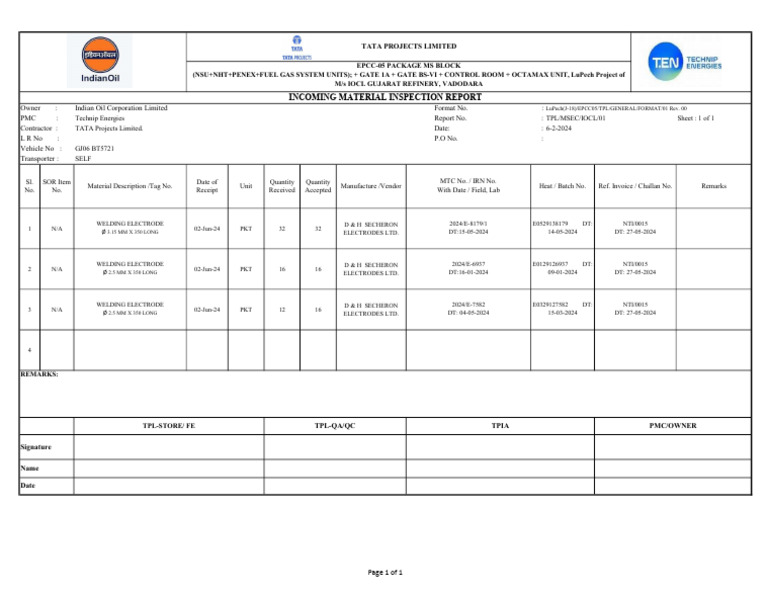 Incoming material inspection report tata projects limited pdf