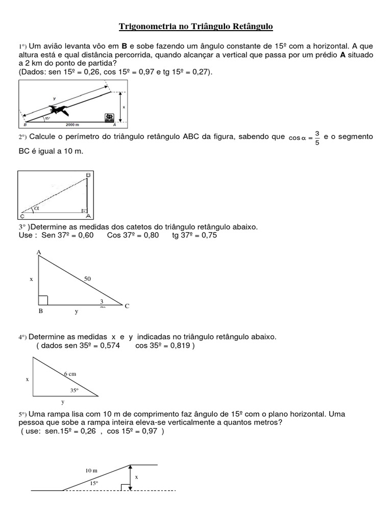 Lista de Exercícios - Trigonometria No Triângulo Retângulo | PDF ...