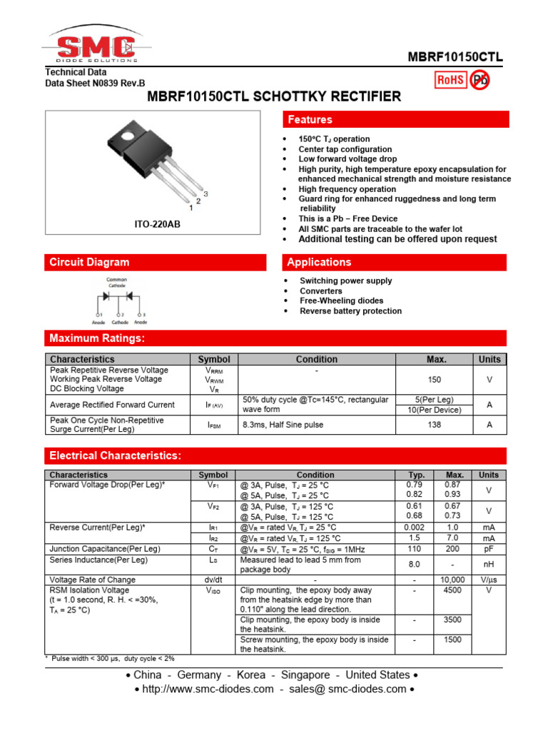 MBRF10150CTL Schottky Rectifier Data Sheet | PDF | Rectifier ...