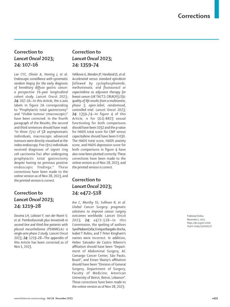Correction To em Lancet Oncol em 2023 24 1359 | PDF | Human Diseases ...