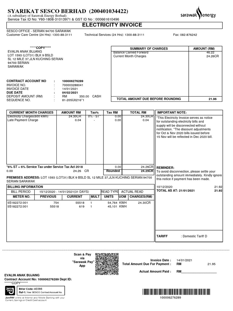 SYARIKAT SESCO BERHAD (200401034422) : Electricity Invoice | PDF ...