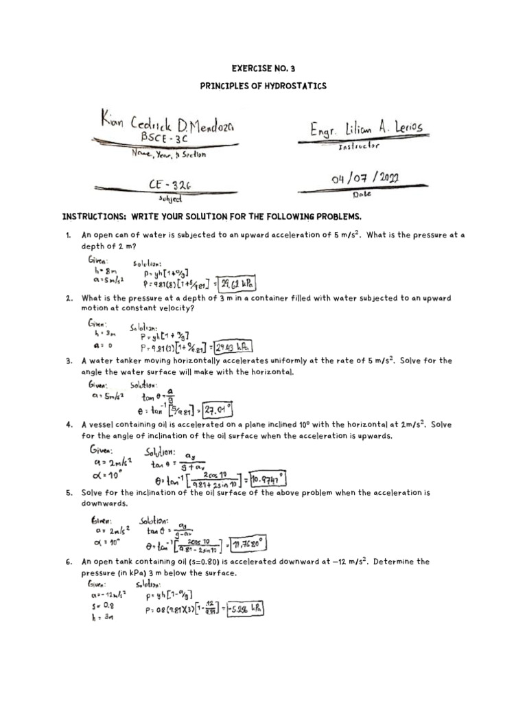 Hydrostatics Problem Solutions Guide | PDF | Force | Acceleration