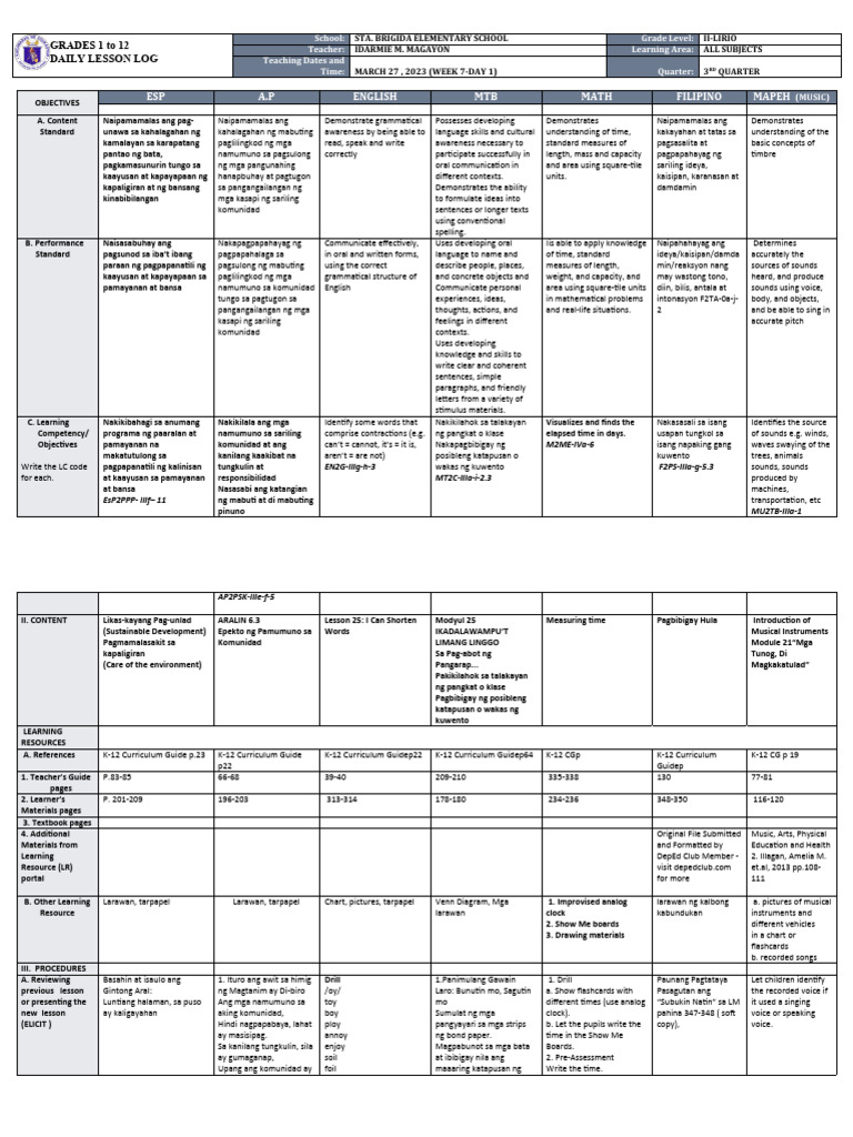 DLL - All Subjects 2 - Q3 - W7 - D1 | PDF