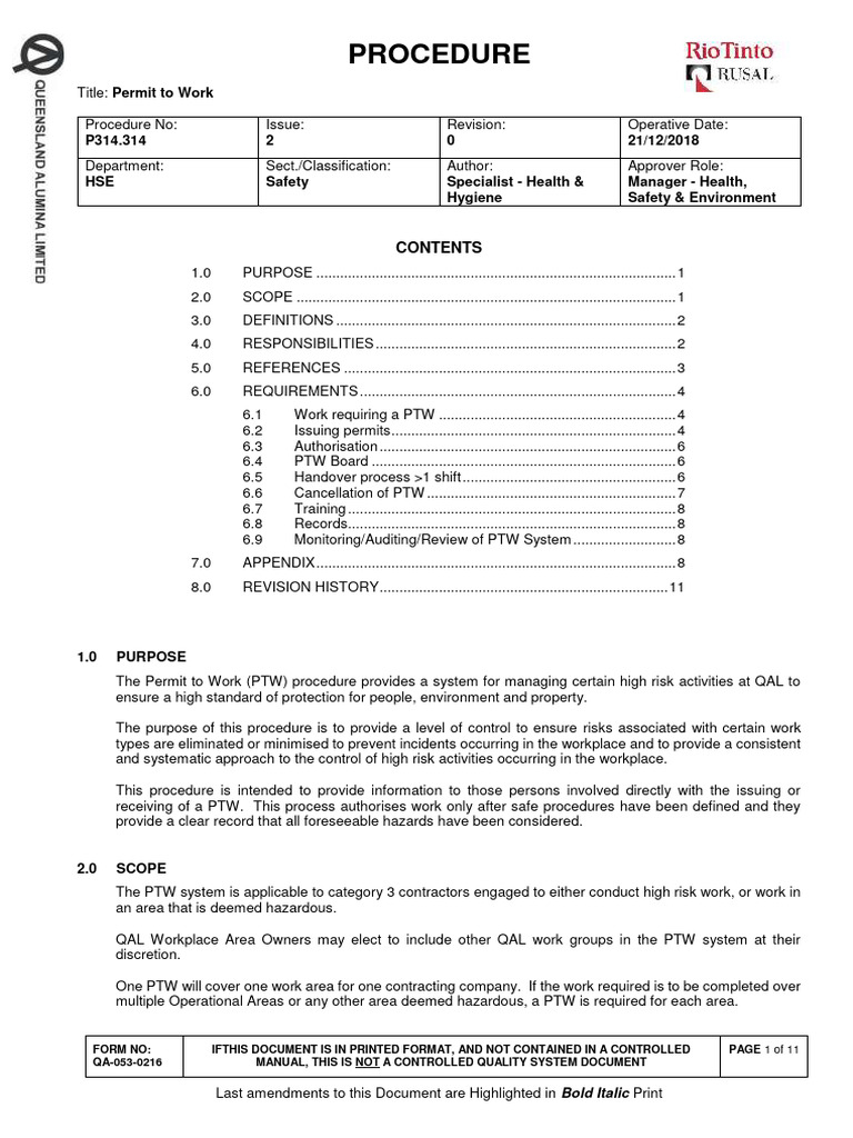 Permit to Work Procedure Overview | PDF | Risk | General Contractor