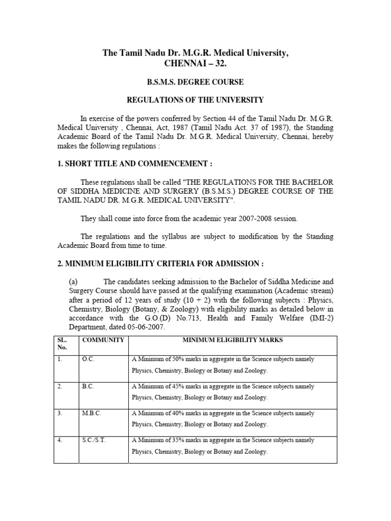BSMS Course Regulations | PDF | Medical School | University And College ...