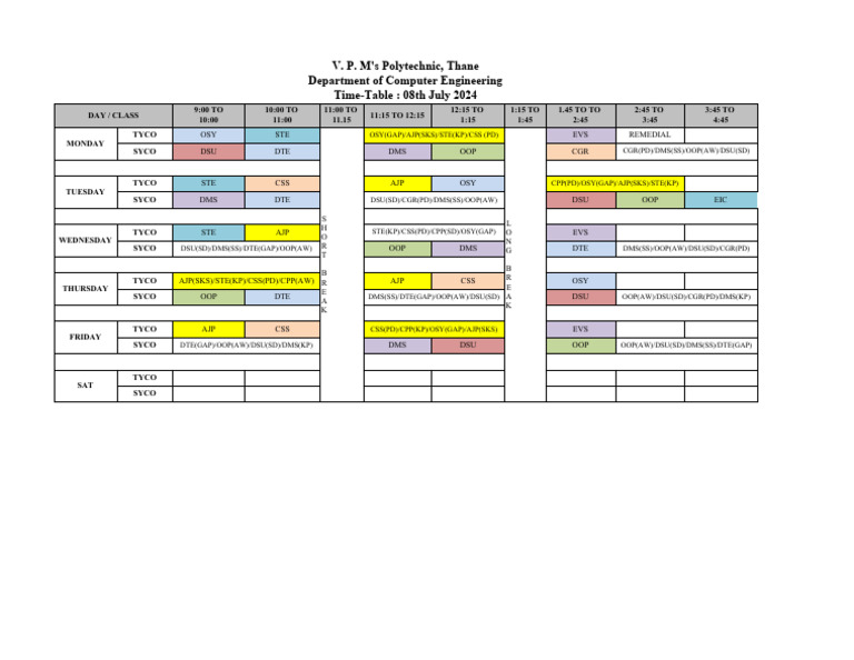 Computer Engineering Time-Table 2024 | PDF