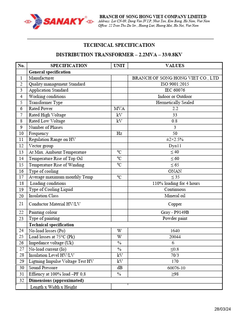 33/0.8kV Distribution Transformer Specs | PDF | Transformer ...