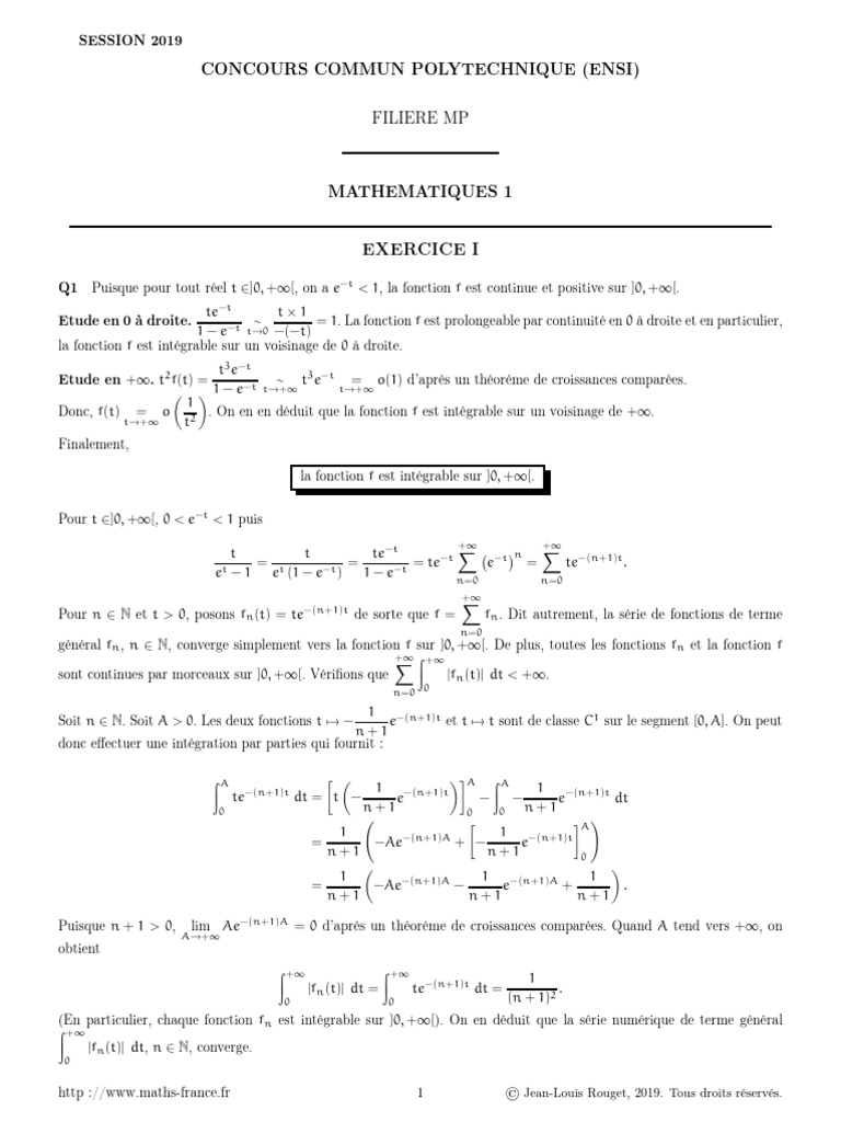 Corrigé Maths 1 - Concours 2019 MP | PDF | Limite (mathématiques ...