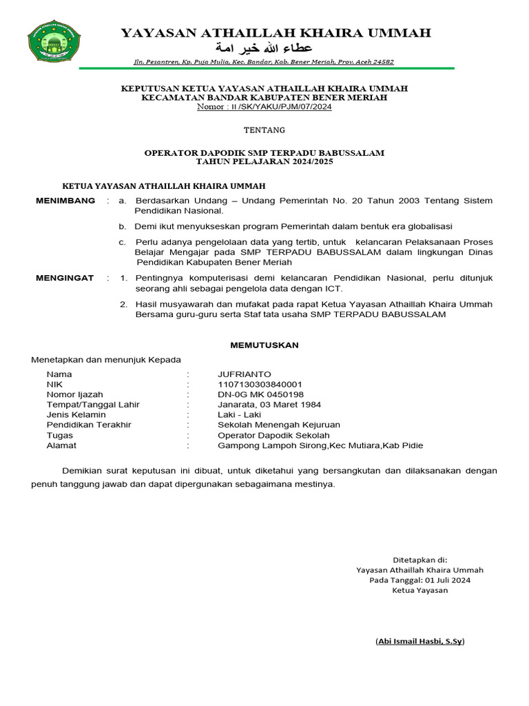 Contoh Sk Operator 2024 Pdf