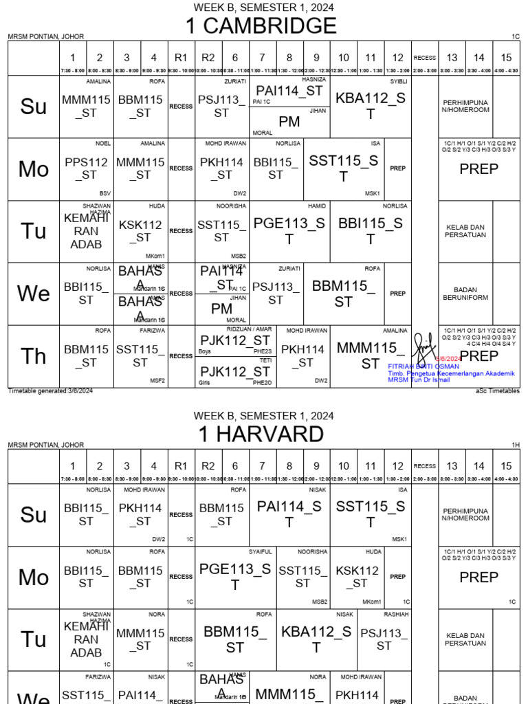 MRSM Pontian Johor Timetable 2024 | PDF