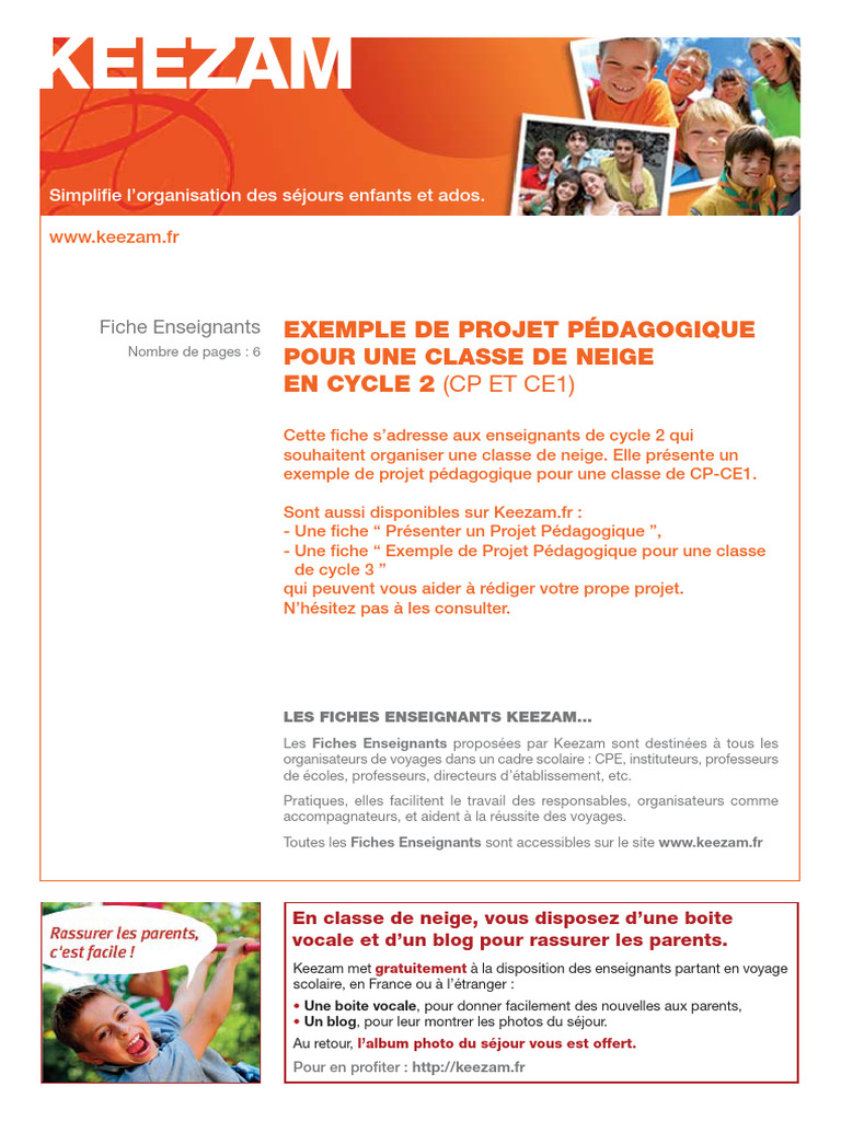 Projet Pédagogique Classe de Neige CP-CE1 | PDF | Apprentissage | Pédagogie