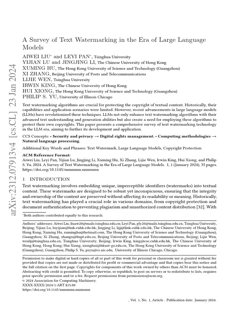 A Survey of Text Watermarking in The Era of Large Language Models | PDF ...