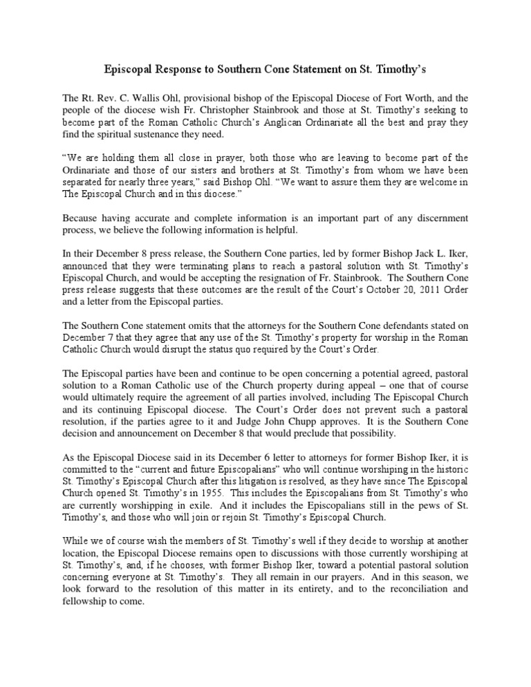 Episcopal Diocese's Response to St. Timothy's | PDF | Episcopal Church ...