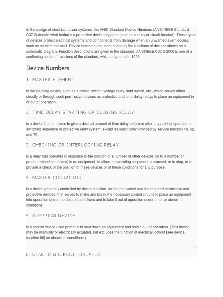 ANSI Device Numbers for Power Systems | PDF