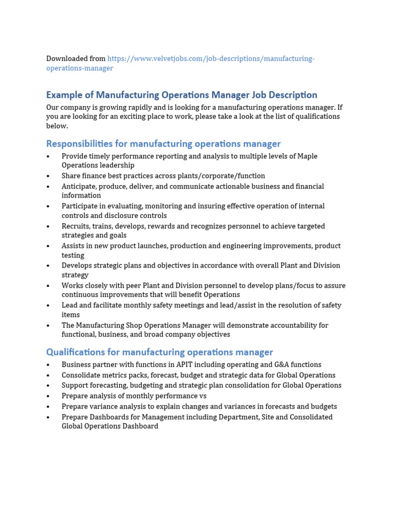 Manufacturing Operations Manager v1 | PDF | Business | Finance & Money ...