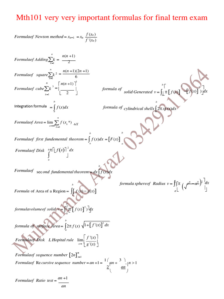 Mth101 Essential Formulas for Finals | PDF | Geometry | Mathematics