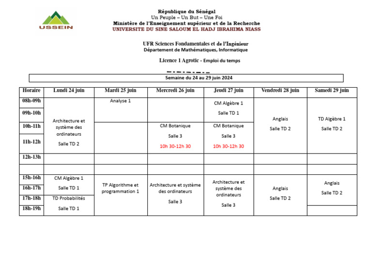 Emploi du temps Licence Agrotic 2024 | PDF