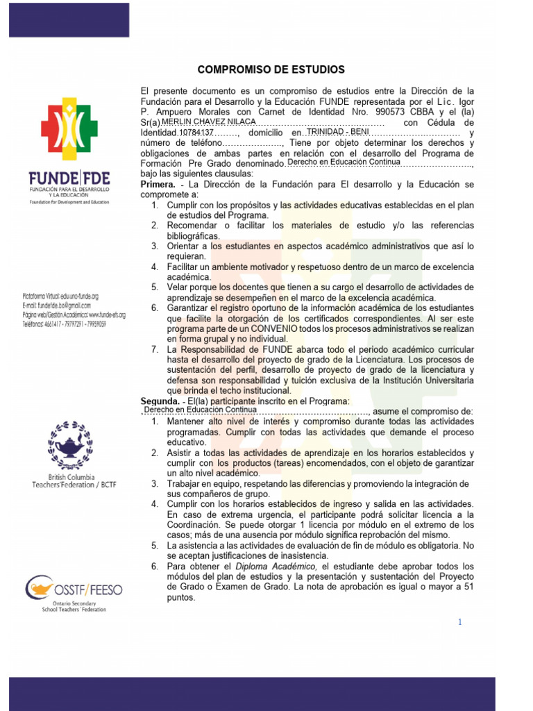Editable Compromiso de Estudios Funde - Pregrado | PDF | Plan de estudios