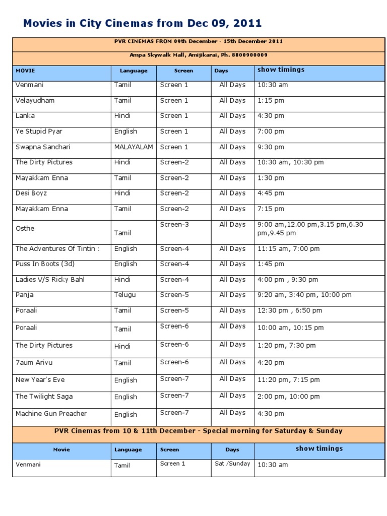 Chennai Movie Showtimes Dec 2011 | PDF | Language Arts & Discipline ...