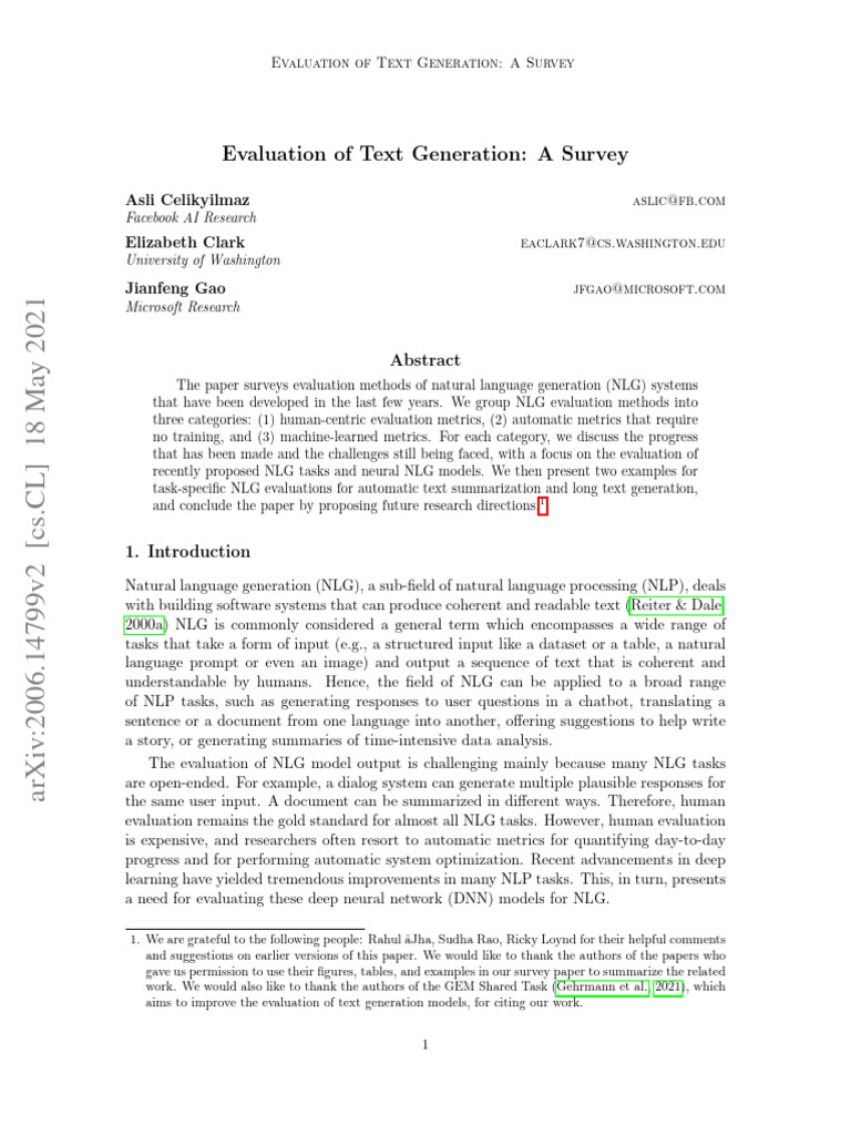 Evaluation of Text Generation: A Survey | PDF | Machine Learning | Deep ...