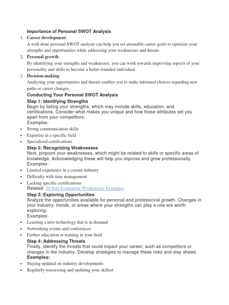 Personal SWOT Analysis for Career Growth | PDF | Swot Analysis | Goal